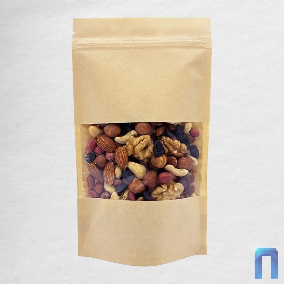 Пакет Дой Пак с замком Бумажный с ламинированным окном 70 мм 135×225+(35+35) (50шт/уп)