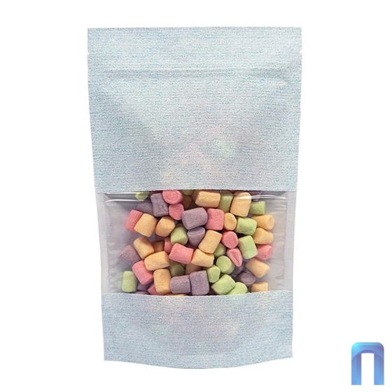 Пакет Дой Пак с замком Бумажный ВОЛНА Голубой с окном 70 мм 135×225+(35+35) (50шт/уп)