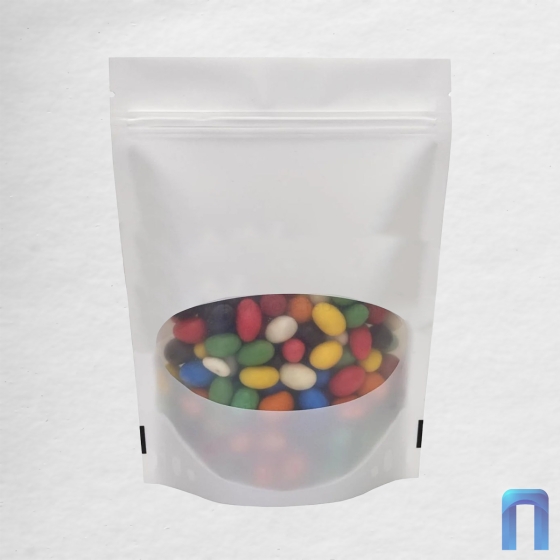 Пакет Дой Пак с замком с овальным окном Белый матовый 135×200+(40+40) (50шт/уп)