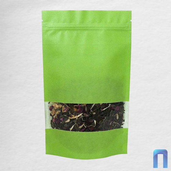 Пакет Дой Пак с замком Бумажный зеленый с окном 40 мм 105×150+(30+30) (50шт/уп)