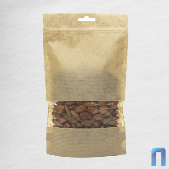 Пакет Дой Пак с замком Бумажный с окном 40 мм 135×225+(35+35) полосатый 40 г с евро (50шт/уп)