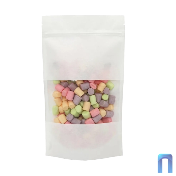 Пакет Дой Пак с замком Бумажный БЕЛЫЙ с окном 70 мм 105×150+(30+30) (50шт/уп)