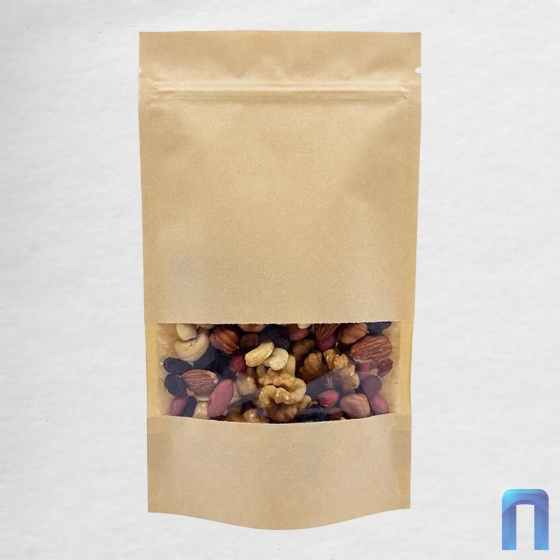 Пакет Дой Пак с замком Бумажный с окном 40 мм 105×150+(30+30) гладкий 60 г (50шт/уп)